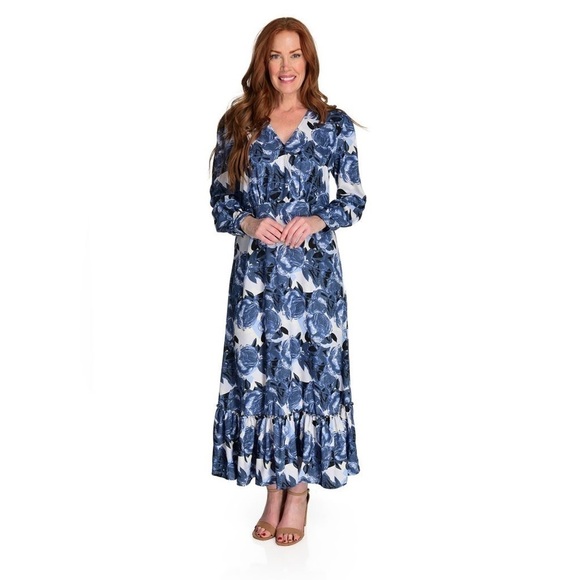 Kate & Mallory Printed Woven Long Sleeve Ruffled Maxi Dress Small - Picture 1 of 11